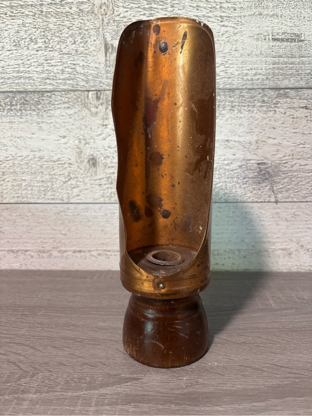 Antique-Inspired Brass Tone Candle Holder with Wood Base